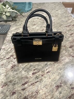 Michael Kors Black Leather Structured Satchel with Gold Hardware